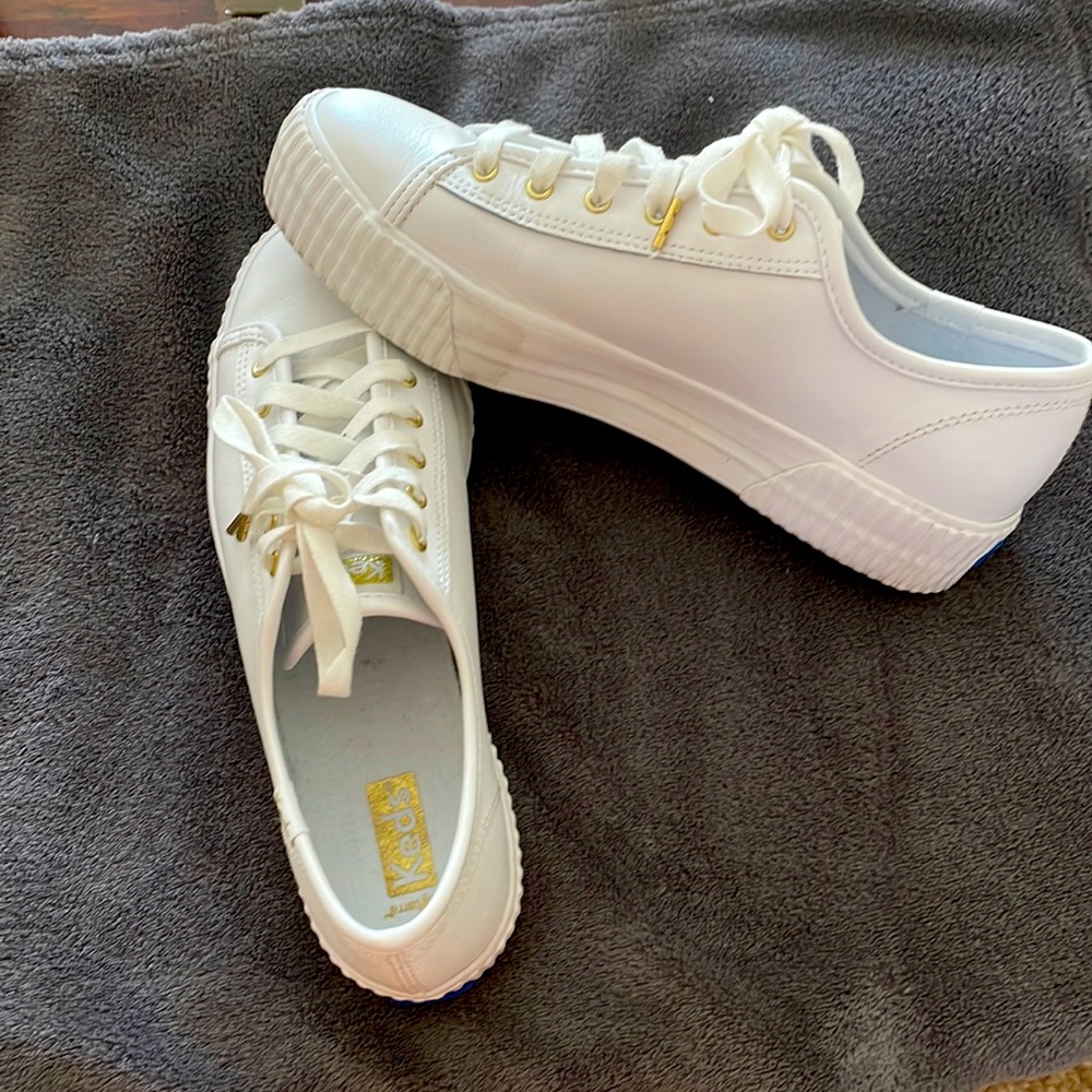 Keds Softerra, white leather with gold accents.